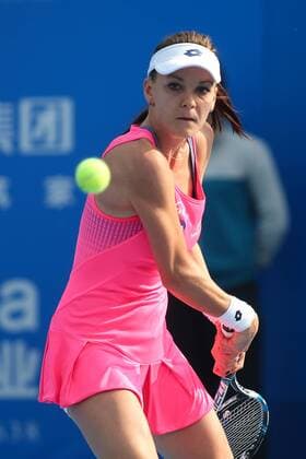 SHENZHEN, CHINA - JANUARY 08: (CHINA OUT) Agnieszka Radwanska of Poland returns a shot against Anna-Lena Friedsam of Germany in Women s semi-final match during Day six of 2016 WTA Tennis Damen Shenzhen Open at Longgang Sports Center on January 8, 2016 in Shenzhen, Guangdong Province of China.  CFP477921499 