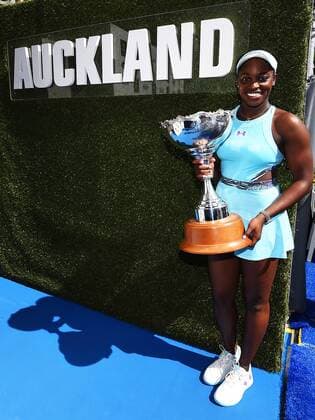 09.01.2016. Auckland, New Zealand. Sloane Stephens of the USA with the winners trophy after beating Julie Georges (ger) on Day 6 of the Singles Final of the 2016 ASB Classic Womens. ASB Tennis Centre, Auckland, New Zealand. Saturday 9 January 2016. Stephens won the final 6-2 7-6 (3) xChrisxSymesx  ActionPlus11694889
