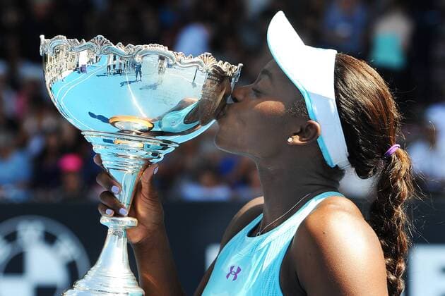 09.01.2016. Auckland, New Zealand. Sloane Stephens of the USA with the winners trophy after beating Julie Georges (ger) on Day 6 of the Singles Final of the 2016 ASB Classic Womens. ASB Tennis Centre, Auckland, New Zealand. Saturday 9 January 2016. Stephens won the final 6-2 7-6 (3) xChrisxSymesx  ActionPlus11694893