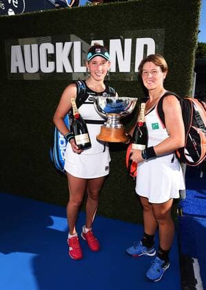 09.01.2016. Auckland, New Zealand. Elise Mertens (BEL) and An-Sophie Mestach (BEL) win the doubles final during Day 6 of the of the 2016 ASB Classic Womens. ASB Tennis Centre, Auckland, New Zealand. Saturday 9 January 2016. xChrisxSymesx  ActionPlus11694906