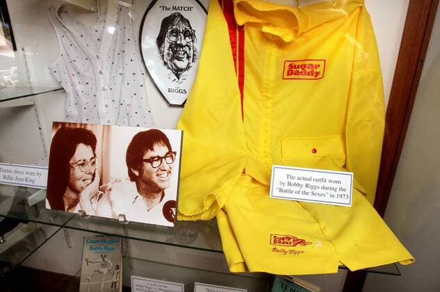 Sept. 18, 2013 - Encinitas, CA, USA - September 18, 2013, Encinitas, California, USA_ Photos of Billie Jean King and Bobby Riggs with the yellow outfit worn by Bobby Riggs during their historic match are displayed at the Bobby Riggs Museum at the Bobby Riggs Tennis Club. Photo Credit: Photo by San Diego California News - Sept. 18, 2013 - ZUMAs44_