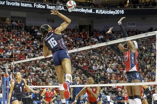 January 09, 2016 - Lincoln, NE U.S. - United States opposite hitter Foluke Akinradewo 16 goes up for a kill attempt in the 3rd set in action during a NORCECA Women s Continental Olympic Qualification Tournament match between United States and Dominican Republic at Pinnacle Bank Arena in Lincoln, NE...Attendance: 10,213.United States won 25-19, 25-19 and 25-18. 2016 Women s NORCECA Continental Olympic Qualification Tournament: United States vs Dominican Republic JAN 09 - ZUMAc04_