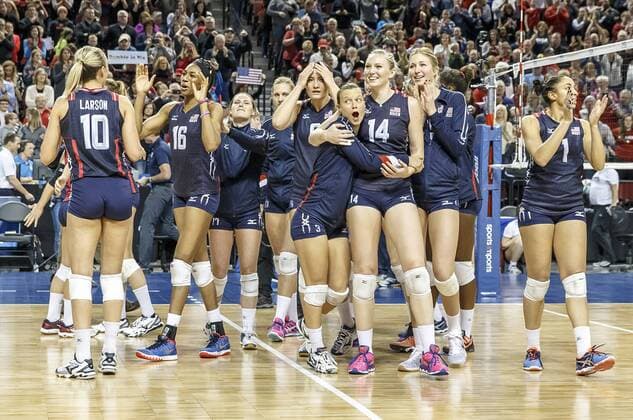 January 09, 2016 - Lincoln, NE U.S. - Team United States celebrates after their final point of their NORCECA Women s Continental Olympic Qualification Tournament match between United States and Dominican Republic at Pinnacle Bank Arena in Lincoln, NE...Attendance: 10,213.United States won 25-19, 25-19 and 25-18. 2016 Women s NORCECA Continental Olympic Qualification Tournament: United States vs Dominican Republic JAN 09 - ZUMAc04_