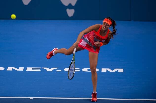 10.01.2016. Sydney, Australia. Ana Ivanovic (SRB) in action against Karolina Pliskova (CZE) during their women s singles match on Day 1 at the Apia International tournament at the Apia International Sydney, Australia. Pliskova beat Ivanovic 6:4, 6:2 xHughxPeterswaldx  ActionPlus11695588