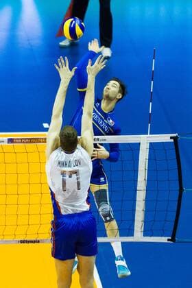 Berlin Angriff Attack KeÌvin Tillie ( 7, Frankreich France); 2016 CEV Volleyball European Olympic Qualification Berlin, Max-Schmeling-Halle, Berlin Deutschland Germany, 20160110 Partie (match): Finale Frankreich gegen Russland (1st place match Final France vs Russia); Copyright: Wuechnerx xEibner-Pressefoto EP_nwr