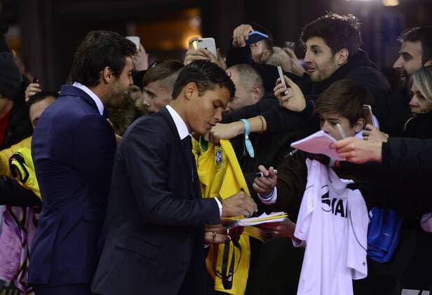 Jan. 11, 2016 - Zurich, Switzerland - RICARDO dos SANTOS LEITE (KAKA) (L) and THIAGO SILVA (R) poses for photos on the red carpet during arrivals for the 2015 FIFA Ballon DOR Gala at Kongresshaus in Zurich. Soccer 2016 - FIFA Ballon D OR 2015  - ZUMAm119