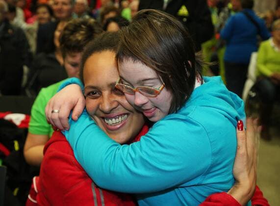 Pre-Games der Special Olympics in Schladming, Ski Alpin Siegerehrungen SPECIAL OLYMPICS - Pre-Games 2016 SCHLADMING,AUSTRIA,12.JAN.16 - SPECIAL OLYMPICS,ALPINE SKIING - World Winter games Winterspiele Spiele Summer games 2017, Pre-Games, award ceremony. Image shows Audrey Mesureur (BEL). GEPAxpictures xHaraldxSteiner
