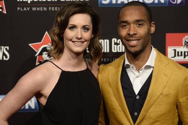Fußball, BEL, Verleihung des Goldenen Schuhs in Lint - LINT, BELGIUM: Denis Odoi and partner pictured on the red carpet ahead of the 62nd edition of the Golden Shoe award ceremony, Wednesday 13 January 2016, in Lint AED studio. The Golden Shoe (Gouden Schoen Soulier d Or) is an award for the best soccer player of the Belgian Jupiler Pro League championship during the year 2015. DIRKxWAEM  x04772773x