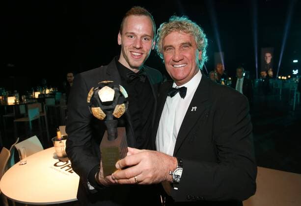 - LINT, BELGIUM: Gent s goalkeeper Matz Sels and Former winner of the Golden Shoe Jean-Marie Pfaff celebrate after the 62nd edition of the Golden Shoe award ceremony, Wednesday 13 January 2016, in Lint AED studio. The Golden Shoe (Gouden Schoen Soulier d Or) is an award for the best soccer player of the Belgian Jupiler Pro League championship during the year 2015. VIRGINIExLEFOUR  x04773010x