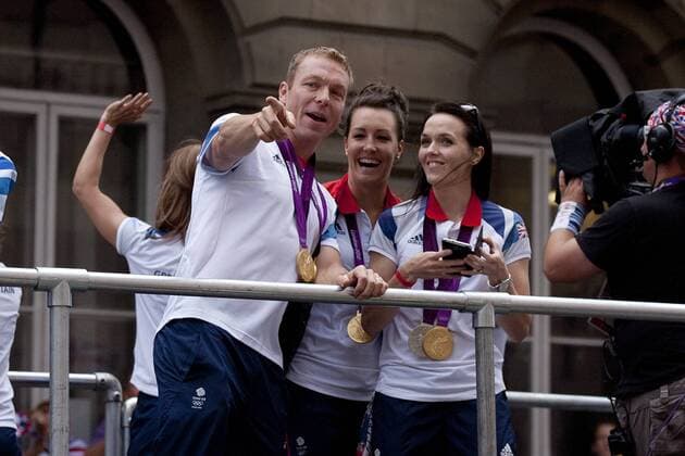 Sept. 10, 2012 - London, London, UK - LONDON, UK. Olympic gold medal winning cyclists, Sir Chris Hoy (L), Rebecca Romero (C) and Victoria Pendelton (R) are seen near Bank Station in London today (10 09 12) as they take part in a parade for British Olympic and Paralympic medalists. Photo credit: Olympics 2012 - Team GB Olympic and Paralympic Parade  - ZUMAl94_