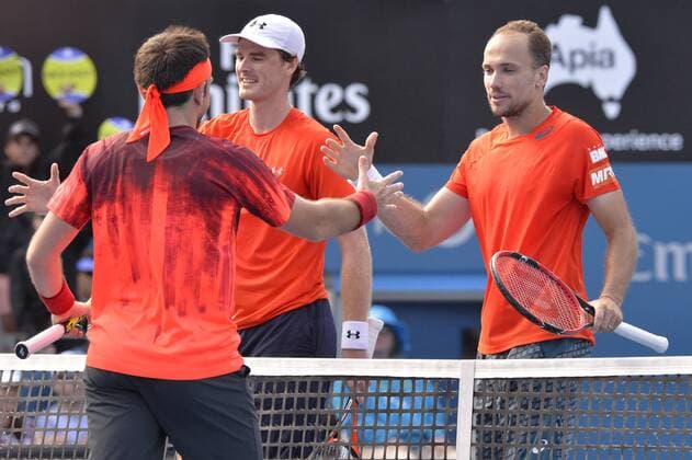 16.01.16 Sydney, Australia. Jamie Murray (GBR) and Bruno Soares (BRA) win the doubles final against Rohan Bopanna (IND) and Florin Mergea (ROU) at the Apia International Sydney. Murray and Soares won the final 6-3,7-6. xNigelxOwenx  ActionPlus11697359