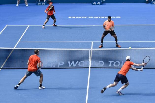 16.01.16 Sydney, Australia. Jamie Murray (GBR) and Bruno Soares (BRA) in action against Rohan Bopanna (IND) and Florin Mergea (ROU) during their mens doubles final match at the Apia International Sydney. Murray and Soares won the final 6-3,7-6. xNigelxOwenx  ActionPlus11697369