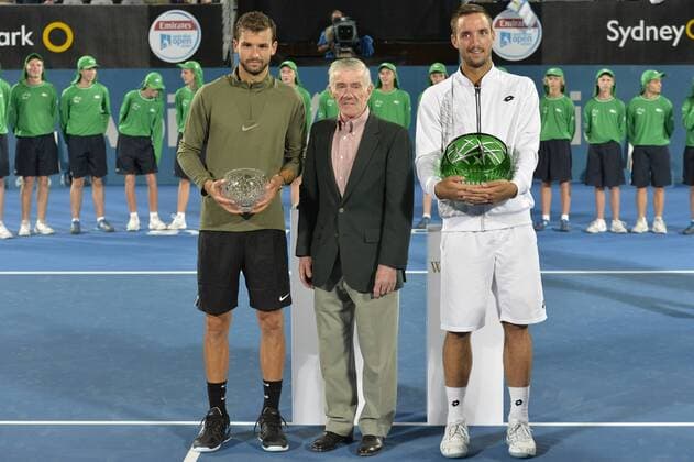 16.01.16 Sydney, Australia.Grigor Dimitrov (BUL),Ken Rosewall (AUS) and Viktor Troicki (SRB) after the mens singles final match at the Apia International Sydney. Troicki won the final 2-6,6-1,7-6. xNigelxOwenx  ActionPlus11697414