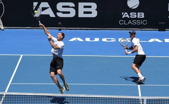 16.01.2016. Auckland, New Zealand. Mate Pavic and New Zealand s Michael Venus (L) during the doubles final on finals day at the ASB Classic Tennis Men s tournament. ASB Tennis Centre, Stanley st, Auckland, New Zealand. Saturday 16 January 2016. xAndrewxCornagax  ActionPlus11697590