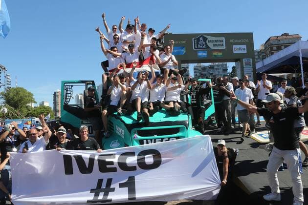 - ROSARIO, ARGENTINA: Dutch driver Gerard De Rooy team celebrates after winning with his Iveco Tracker after during the final stage of the 2016 Dakar Rally Race from Villa Carlos Paz to Rosario, Argentina, on Saturday 16 January 2016. The 2016 Dakar Rally takes place from 03 till 16 January 2014 in Argentina and Bolivia. WILLYxWEYENS  x04775559x
