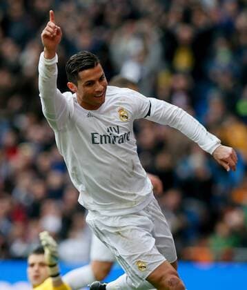 Real Madrid s Portuguese striker Cristiano Ronaldo celebrates after scoring his second goal against Sporting Gijon during their Spanish Primera Division soccer match at Santiago Bernabeu stadium in Madrid, Spain, 17 January 2016. REAL MADRID VS SPORTING GIJON !ACHTUNG: NUR REDAKTIONELLE NUTZUNG!  MD 20160117-635886458663116649