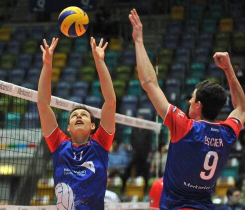 20.01.2016, xtkx, Volleyball 1.Bundesliga, United Volleys - VSG Coburg Grub, emspor v.l. Jan Zimmermann (United Volleys) , Georg Escher (United Volleys) ,