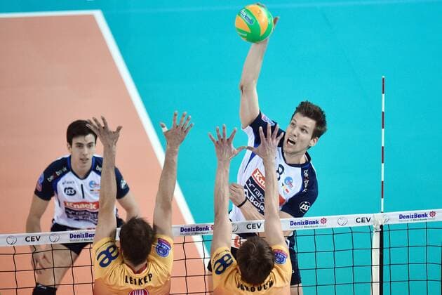 Volleyball, Champions League, Dukla Liberec - Knack Roeselare Men s Volleyball Champions League 5th round group E match, Liberec against Roeselare in Liberec, Czech Republic, January 21, 2016. Matthijs Verhanneman (right) and Angel Trinidad de Haro of Roeselare and (from left in yellow) Libor Liekep and Jakub Janouch of Liberec. (CTKxPhoto RadekxPetrasek) CTKPhotoP201601210995101  PER 1