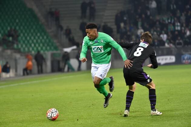 Fußball, Coupe de France, AS Saint Etienne - AC Ajaccio Pierre Gabriel Ranael (saint etienne) vs Vincent Marchetti (ajaccio) - Fussball Frankreich, Coupe de France, AS Saint Etienne vs. AC Ajaccio - 21 01 2016 FredericChambert Panoramic 