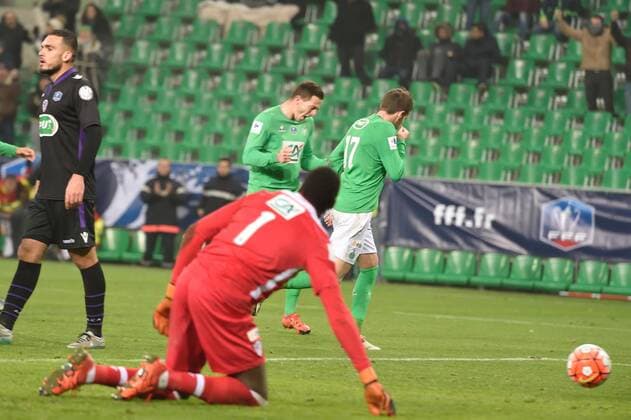 Benjamin Corgnet et Nolan Roux (saint etienne) vs Rayan Frikeche et Riffi Mandanda (ajaccio) - Fussball Frankreich, Coupe de France, AS Saint Etienne vs. AC Ajaccio - 21 01 2016 FredericChambert Panoramic 