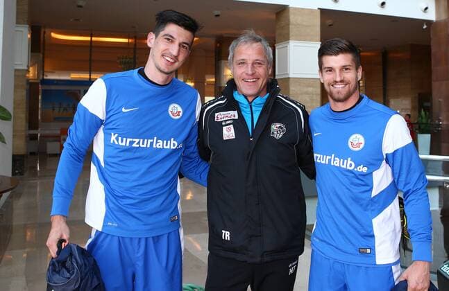 SOCCER - BL,WAC, training camp LARA,TURKEY,18.JAN.16 - SOCCER - tipico Bundesliga, WAC Wolfsberg, training camp. Image shows Marco Kofler (Hansa Rostock), head coach Heimo Pfeifenberger (WAC) and Julius Perstaller (Hansa Rostock). GEPAxpictures xChristianxOrt