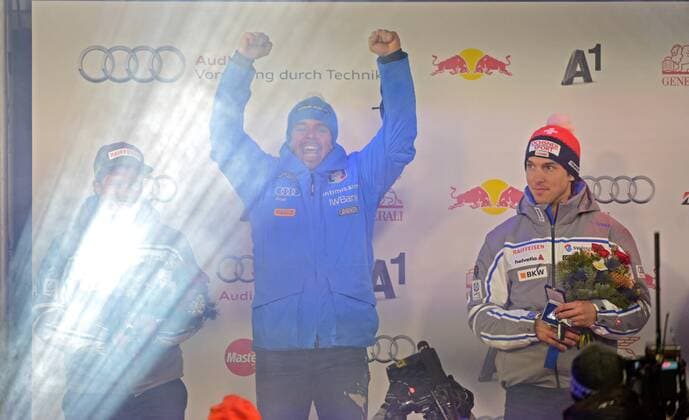 ALPINE SKIING - FIS WC Kitzbuehel KITZBUEHEL,AUSTRIA,23.JAN.16 - ALPINE SKIING - FIS World Cup, Hahnenkamm-race, downhill, men, award ceremony. Image shows Beat Feuz (SUI), Peter Fill (ITA) and Carlo Janka (SUI). GEPAxpictures xHansxOsterauer