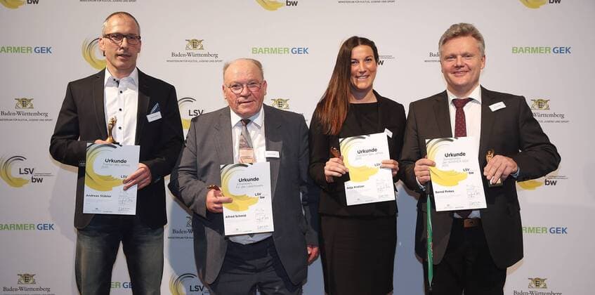 27.01.2016, Stuttgart, Trainerpreisverleihung LSV Trainerpreis 2015 Baden- Württemberg, von links: Trainer des Jahres Andreas Stäbler, Lebenswerk Alfred Schmid, Trainerin des Jahres Anja Kratzer, Sonderpreis Barmer GEK Bernd Pinkes