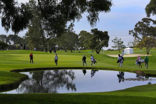Jan. 27, 2016 - San Diego, CA, USA - SAN DIEGO, CA, USA -- JANUARY 27, 2016: ..At the Farmers Pro-Am played at Torrey Pine Wednesday in San Diego, Pro Hideki Matsuyama groups approached the 17th green on the north course. At the Farmers Pro-Am played at Torrey Pine Wednesday in San Diego, Pro Hideki Matsuyama groups approached the 17th green on the north course. - ZUMAs44_