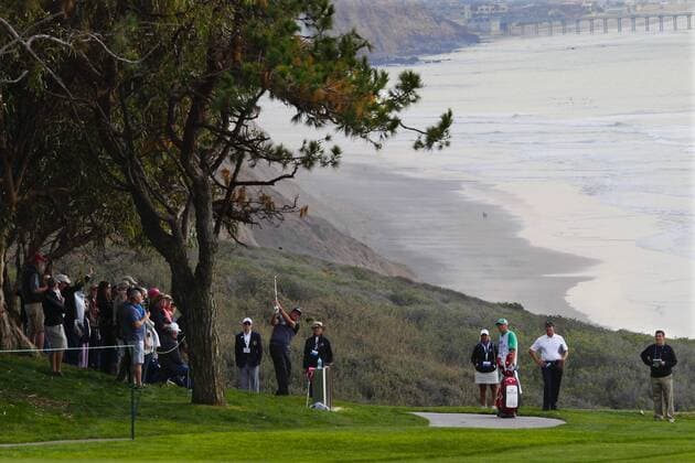 Jan. 27, 2016 - San Diego, CA, USA - SAN DIEGO, CA, USA -- JANUARY 27, 2016: ..At the Farmers Pro-Am played at Torrey Pine Wednesday in San Diego, Phil Mickelson comes off the rough onto to the 7th green with his group late Wednesday afternoon. At the Farmers Pro-Am played at Torrey Pine Wednesday in San Diego, Phil Mickelson comes off the rough onto to the 7th green with his group late Wednesday afternoon. - ZUMAs44_