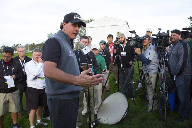 Jan. 27, 2016 - San Diego, CA, USA - SAN DIEGO, CA, USA -- JANUARY 27, 2016: ..At the Farmers Pro-Am played at Torrey Pine Wednesday in San Diego, Phil Mickelson wrapped up the day by speaking with sports writers. At the Farmers Pro-Am played at Torrey Pine Wednesday in San Diego, Phil Mickelson wrapped up the day by speaking with sports writers. - ZUMAs44_