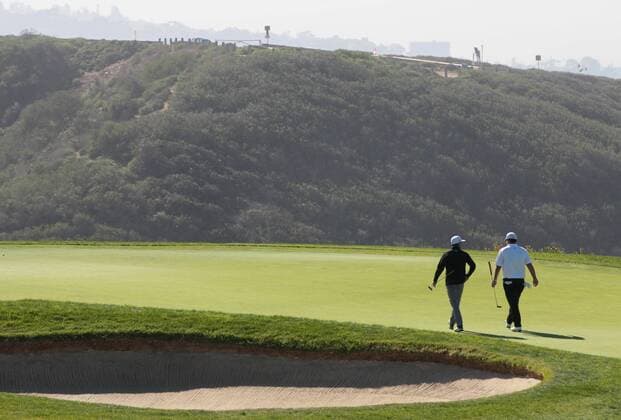 Jan. 29, 2016 - San Diego, California, United States - January 29, 2016, San Diego, California, USA_ Farmers Insurance Open Day 2- Rickie Fowler, left, and Patrick Reed walk on to the green on scenic hole 3. _Mandatory Photo Credit: Photo by Golf 2016 - Farmers Insurance Open - Day 2 - ZUMAs44_