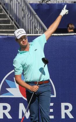 Jan. 29, 2016 - San Diego, California, United States - January 29, 2016, San Diego, California, USA_ Farmers Insurance Open Day 2- Harris English points to the far left, where his tee-shot is going as he tees off on hole 7. _Mandatory Photo Credit: Photo by Golf 2016 - Farmers Insurance Open - Day 2 - ZUMAs44_