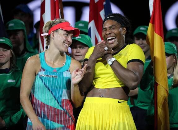 (160130) -- MELBOURNE, Jan. 30, 2016 -- Angelique Kerber (L) of Germany talks with Serena Williams of the United States after winning the final of women s singles at the Australian Open Tennis Championships in Melbourne, Australia, Jan. 30, 2016. Angelique Kerber won the match 6-4, 3-6, 6-4. ) (SP)AUSTRALIA-MELBOURNE-TENNIS-AUSTRALIAN OPEN-WOMEN S SINGLES-FINAL XuxYanyan 