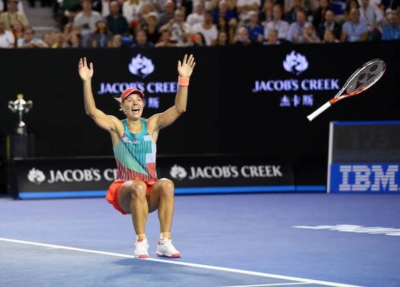 (160130) -- MELBOURNE, Jan. 30, 2016 -- Angelique Kerber of Germany celebrates after winning the final of women s singles against Serena Williams of the United States at the Australian Open Tennis Championships in Melbourne, Australia, Jan. 30, 2016. Angelique Kerber won the match 6-4, 3-6, 6-4. ) (SP)AUSTRALIA-MELBOURNE-TENNIS-AUSTRALIAN OPEN-WOMEN S SINGLES-FINAL XuxYanyan 