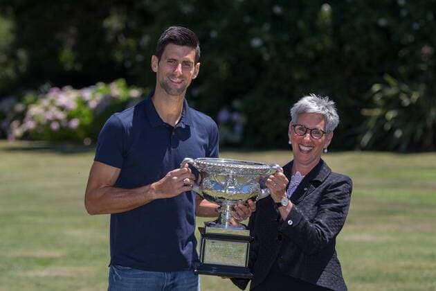 February 1, 2016: Novak Djokovic of Serbia and Her Excellency the Honourable Linda Dessau AM.Governor of Victoria hold the Norman Brookes Challenge Cup during the Men s Champion Photocall at Government House, Melbourne, Australia. Tennis 2016: Australian Open FEB 1 - ZUMAc04_