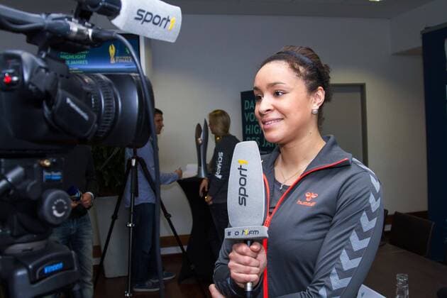 Mannheim Lisa Izquierdo (Dresdner SC, Außenangriff, 13) im Interview mit Sport1; 2016 DVV-Pokalfinale (DVV-Pokal) Pressekonferenz, SAP Arena, Mannheim Deutschland, 20160201; Copyright: Wuechnerx xEibner-Pressefoto EP_nwr