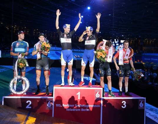 GER, 105. Berliner Sechstagerennen 2016 03.02.2016, Velodrom, Berlin, GER, 105. Berliner Sechstagerennen 2016, im Bild Sieger Kenny de Ketele (BEL) - Moreno de Pauw (BEL) 2. Roger Kluge (GER) - Marcel Kalz (GER), 3. Joeri Havik (NED) - Nick Stoepler (NED) nphxEngler