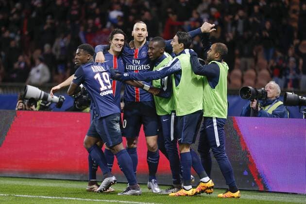 Zlatan Ibrahimovic (psg) inscrit le second but pour les parisiens, joie, Edinson Roberto Paulo Cavani Gomez (psg) (El Matador) (El Botija) (Florestan), Blaise Matuidi (psg), Angel Di Maria (psg), Lucas Rodrigues Moura da Silva (psg), Serge Aurier (psg) FOOTBALL : Paris St Germain (PSG) vs FC Lorient - Ligue 1 - 03 02 2016 StephaneAllamanx 