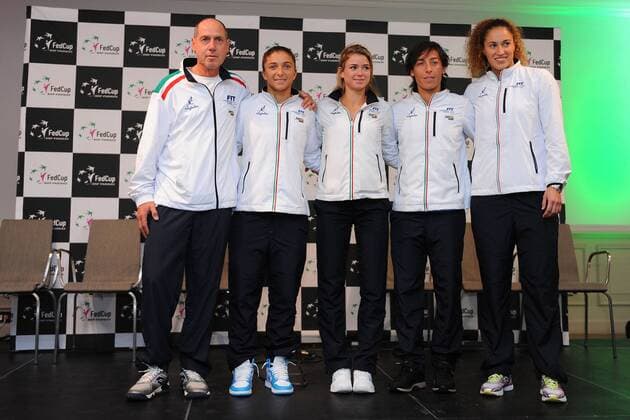 Sara Errani (ITA) Francesca Schiavone (ITA) Camila Giorgi (ITA) Martina Caregaro (ITA) Corrado Barazzutti (ITA) TENNIS : Fed Cup - FRA vs ITA - 05 02 16 TennisMagazine Panoramic 