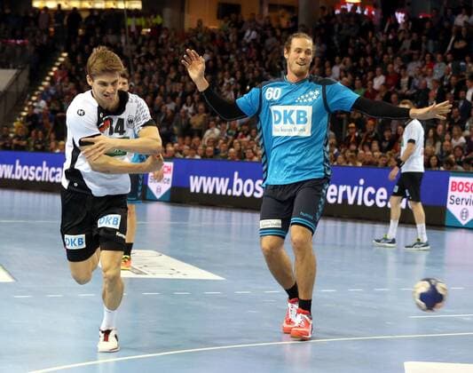 05.02.2016 - Handball - DKB Handball Bundesliga - All Star Day Nürnberg - All Star Game : Nationalmannschaft Nationalteam Deutschland - All Star Team 2016 - DaMa - Rune Dahmke ( Deutschland ) Kim Ekdahl du Rietz ( All Star Team 2016 )