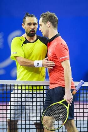 accolade RICHARD GASQUET (fra) Marcos Baghdatis (cyp) TENNIS : Open Sud de France 2016 - Montpellier - 05 02 2016 JBAutissier 