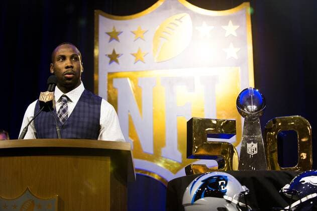 Friday, February 5, 2016: Anquan Boldin of the San Francisco 49ers speaks at a press conference PK Pressekonferenz where he was announced as a finalist for the Walter Payton Man of the Year award at the Moscone Center in San Francisco, California during the National Football League week long opening celebrations for Super Bowl 50 between the Carolina Panthers and the Denver Broncos. NFL American Football Herren USA 2016: Super Bowl 50 FEB 03 - ZUMAc04_