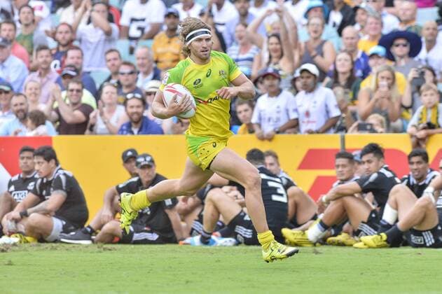 Rugby, HSBC Sevens World Series, Australien - Kanada 06.02.2016. Sydney, Australia. HSBC Australia v Canada.Australias Lewis Holland scores a try. Australia won 26-12. xNigelxOwenx  ActionPlus11704615