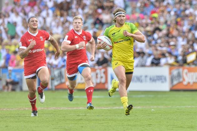 Rugby, HSBC Sevens World Series, Australien - Kanada 06.02.2016. Sydney, Australia. HSBC Australia v Canada.Australias Lewis Holland scores a try. Australia won 26-12. xNigelxOwenx  ActionPlus11704620