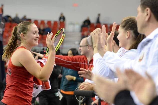 Tennis, FedCup, Kanada - Weißrussland Feb. 6, 2016 - Quebec City, Quebec City, Canada - ALIAKSANDRA SASNOVICH of Belarus celebrates her win in her Fed Cup match v. F. Abanda of Canada in Quebec City Canada on Saturday February 6 2016. Tennis 2016 - Fed Cup - Belarus vs. Canada - ZUMAl132