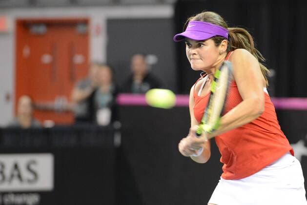 Tennis, FedCup, Kanada - Weißrussland Feb. 6, 2016 - Quebec City, Quebec City, Canada - ALEKSANDRA WOZNIAK of Canada in action during her Fed Cup match v. O. Govortsova of Belarus in Quebec City Canada on Saturday February 6 2016. Tennis 2016 - Fed Cup - Belarus vs. Canada - ZUMAl132