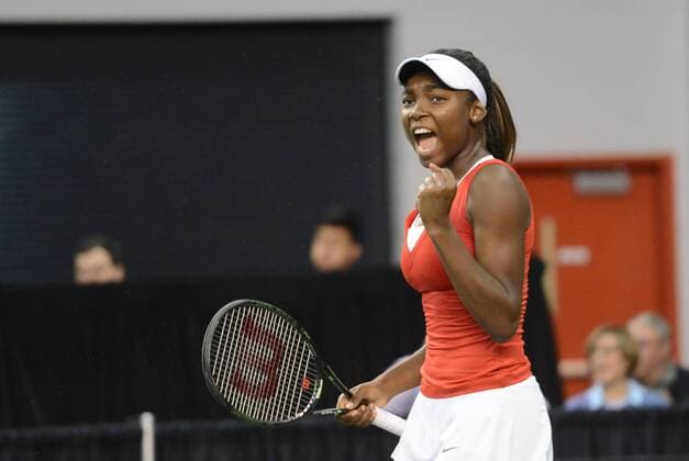 Feb. 7, 2016 - Quebec City, Quebec City, Canada - FRANCOISE ABANDA of Canada celebrates winning a point during her Fed Cup match vs. O. Govortsova of Belarus in Quebec City Canada on Sunday February 7 2016 Tennis 2016 - Fed Cup - Belarus vs. Canada - ZUMAl132
