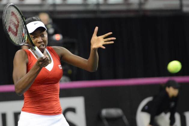 Feb. 7, 2016 - Quebec City, Quebec City, Canada - FRANCOISE ABANDA of Canada in action during her Fed Cup match vs. O. Govortsova of Belarus in Quebec City Canada on Sunday February 7 2016 Tennis 2016 - Fed Cup - Belarus vs. Canada - ZUMAl132