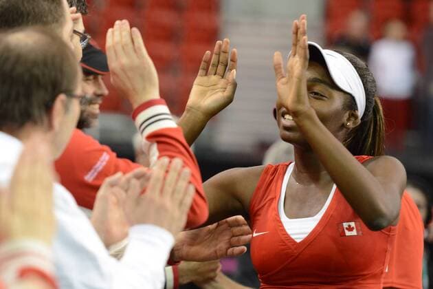 Feb. 7, 2016 - Quebec City, Quebec City, Canada - FRANCOISE ABANDA of Canada celebrates winning her Fed Cup match vs. O. Govortsova of Belarus in Quebec City Canada on Sunday February 7 2016 Tennis 2016 - Fed Cup - Belarus vs. Canada - ZUMAl132