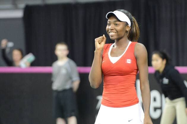 Feb. 7, 2016 - Quebec City, Quebec City, Canada - FRANCOISE ABANDA of Canada celebrates winning her Fed Cup match vs. O. Govortsova of Belarus in Quebec City Canada on Sunday February 7 2016 Tennis 2016 - Fed Cup - Belarus vs. Canada - ZUMAl132